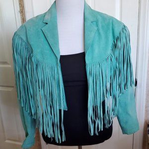 VTG WESTERN TURQUOISE LEATHER CROP FRINGE JACKET